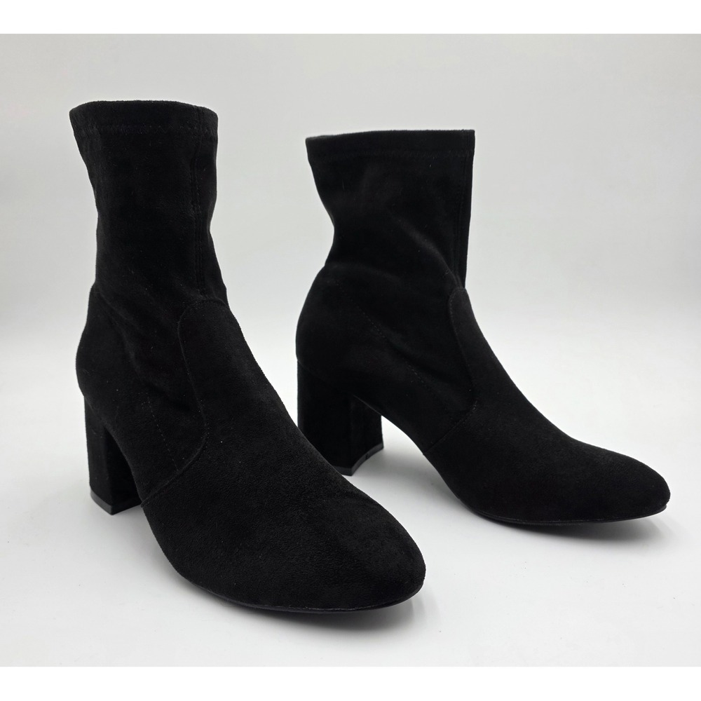 Forever 21 Black Faux Suede Sock Ankle Boots Block Heel Round Toe Womens 9